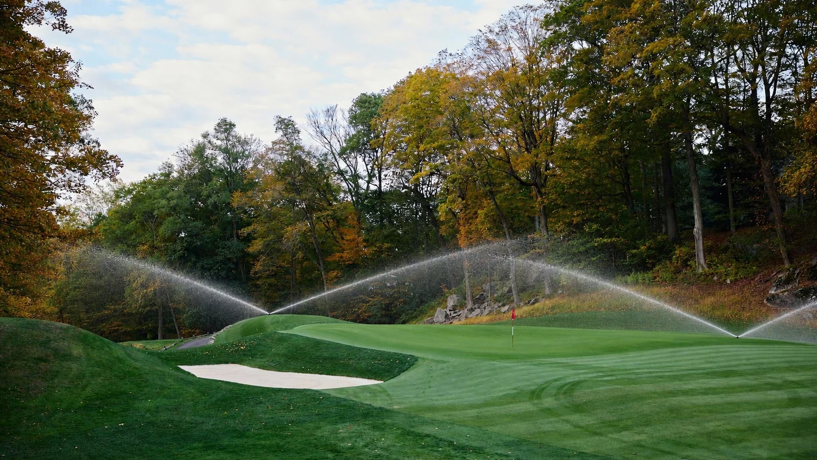 Along the wooded green at Whippoorwill Club, with illustrative irrigation added.
