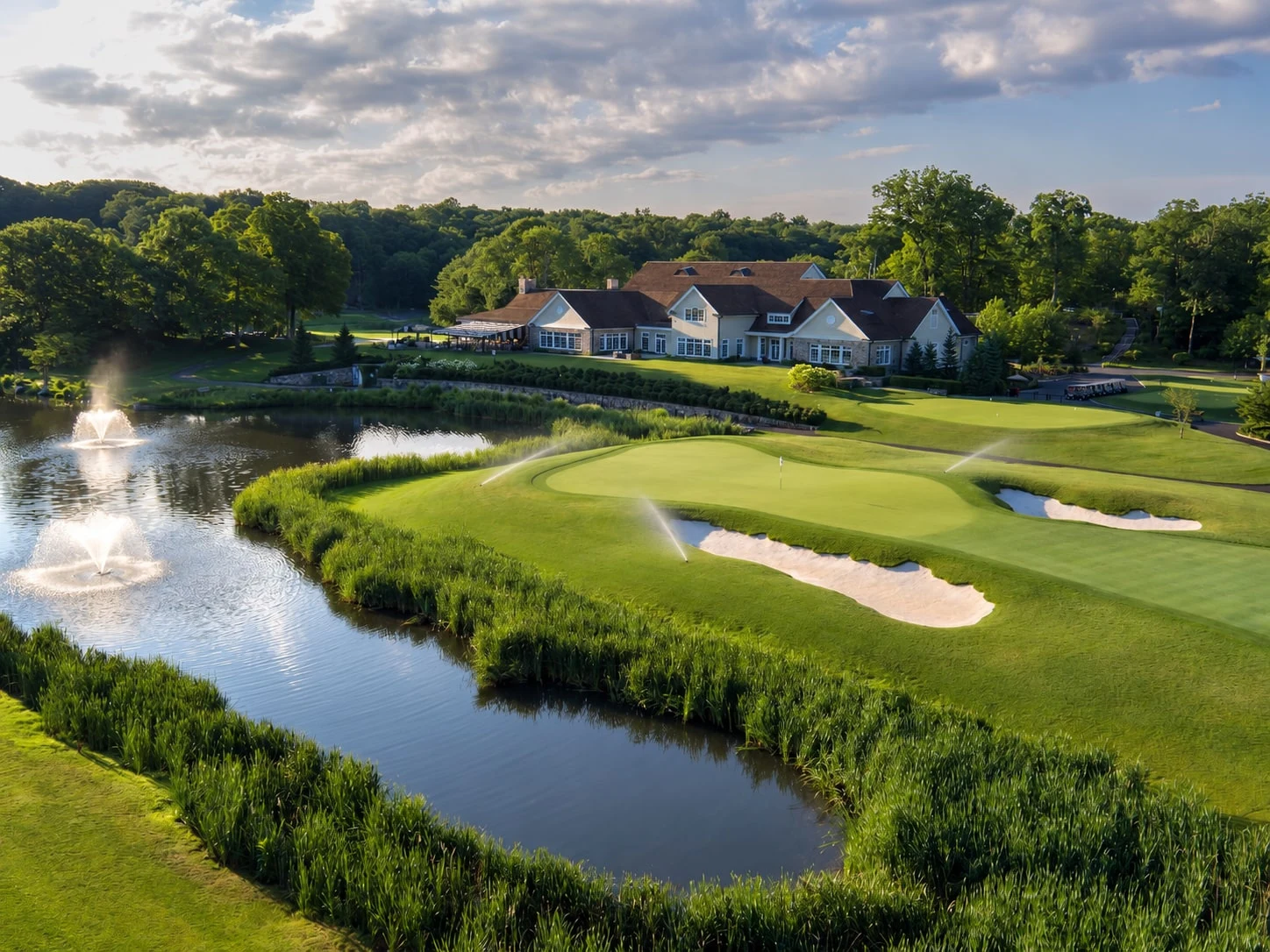No. 9 · Beside the pond at Burning Tree Country Club, with illustrative irrigation added.