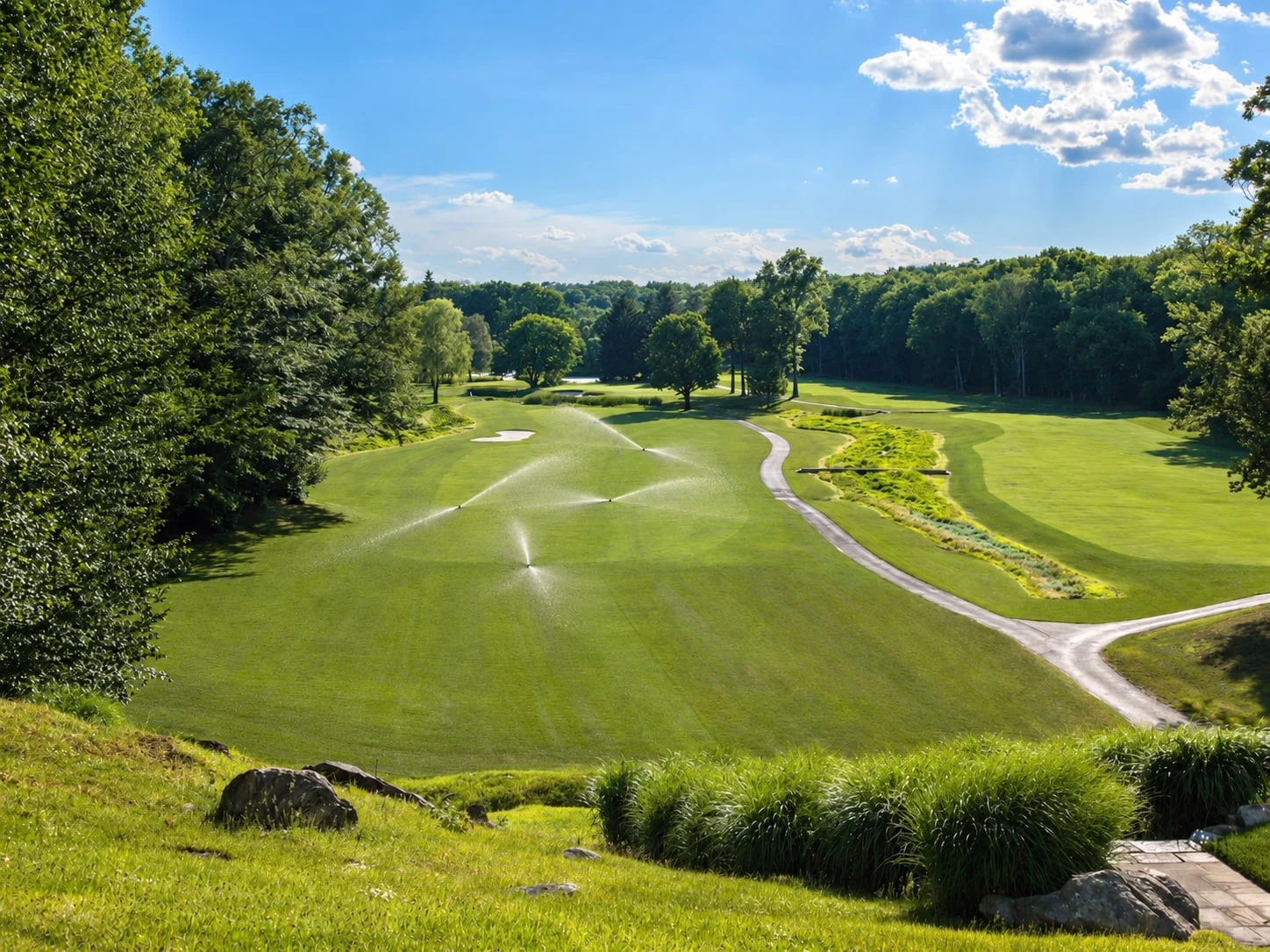 No. 5 · Across the fairway at Burning Tree Country Club, with illustrative irrigation added.