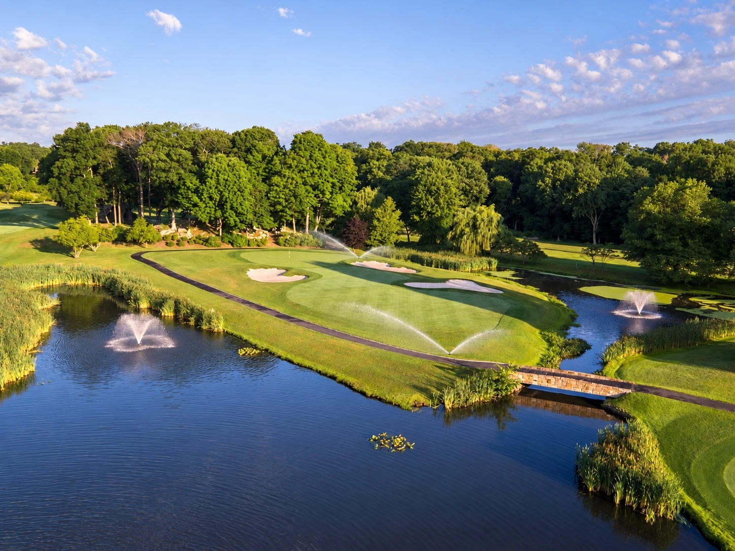 No. 7 · The water and green at Burning Tree Country Club, with illustrative irrigation added.