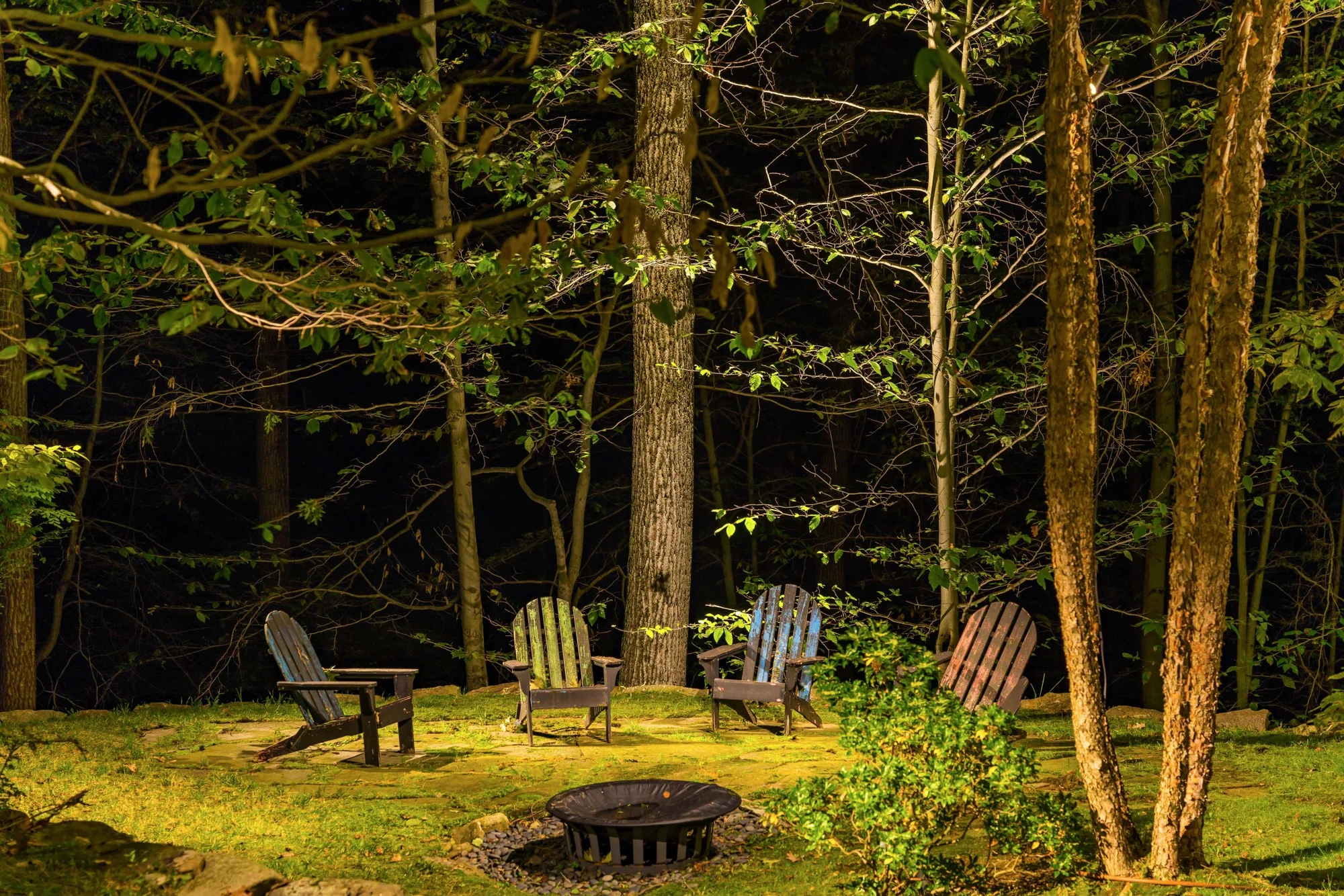 A softly lit seating area and fire pit beneath the trees at Beauty in Briarcliff.