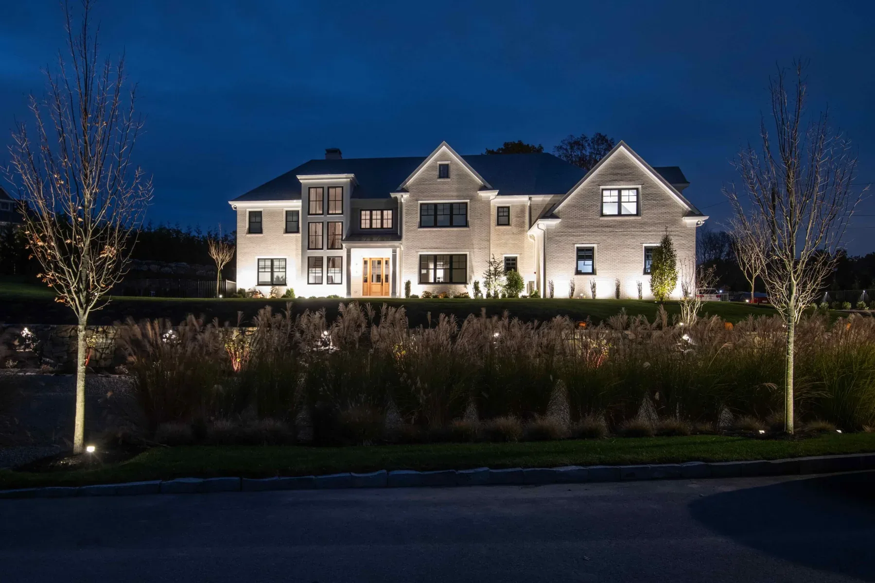 House facade illuminated behind ornamental grasses and young trees at night.
