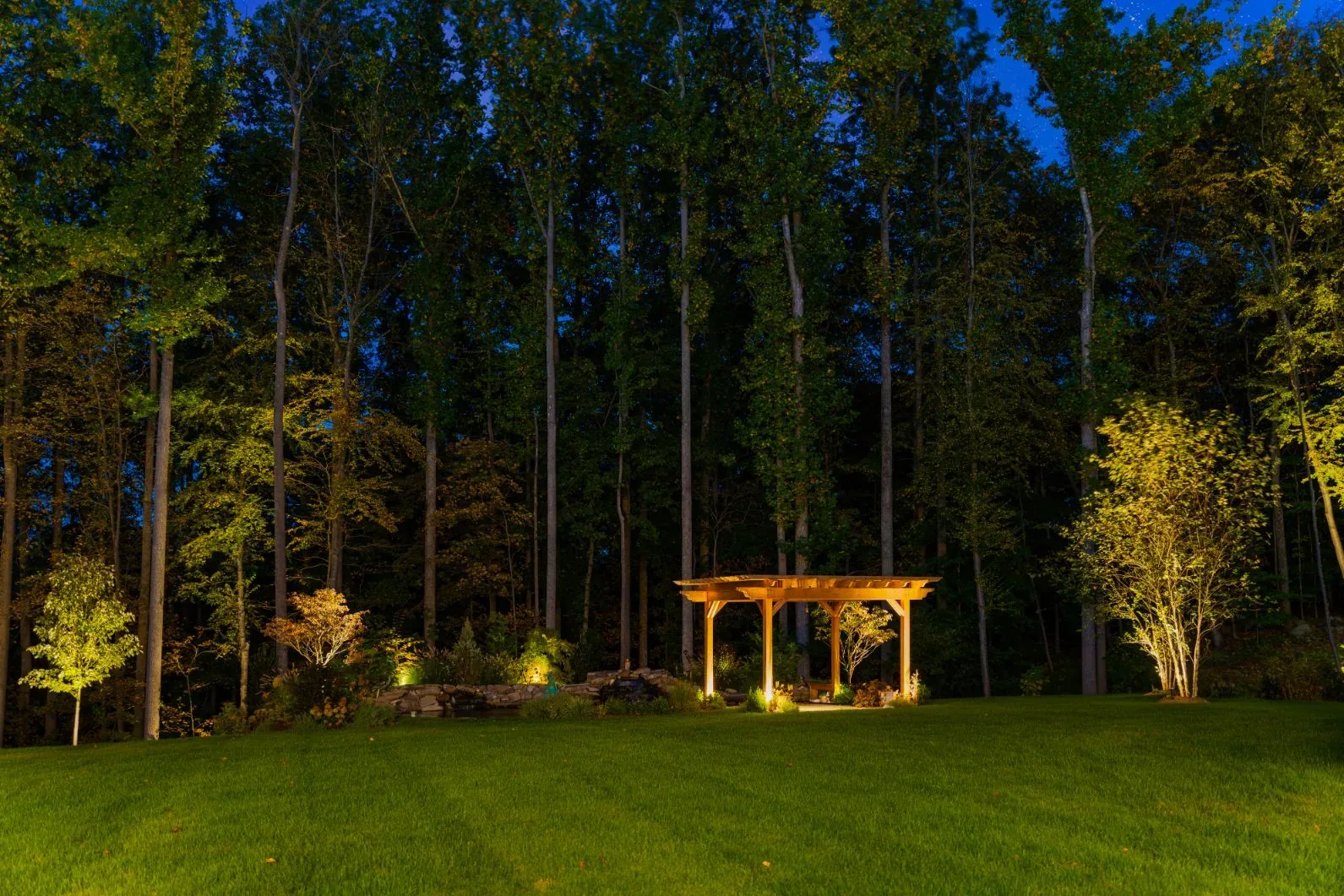 Illuminated wooden pergola and tall trees at the edge of a lawn.
