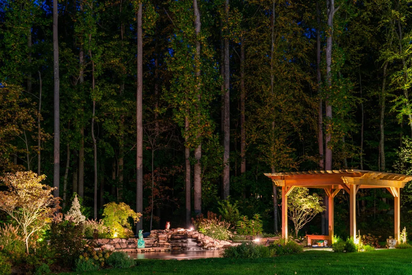 Lit garden pond, wooden pergola, and trees at night.