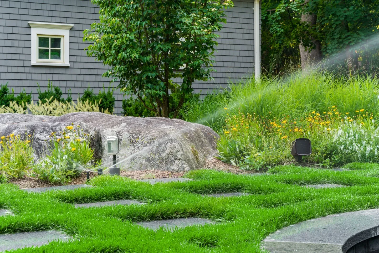 Wet stepping stones and grass beside exposed rock and a house.