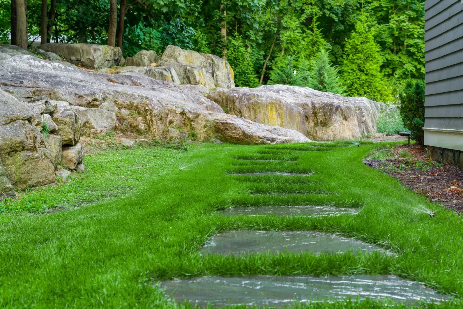 Stepping stones through grass beside a natural rock outcrop.