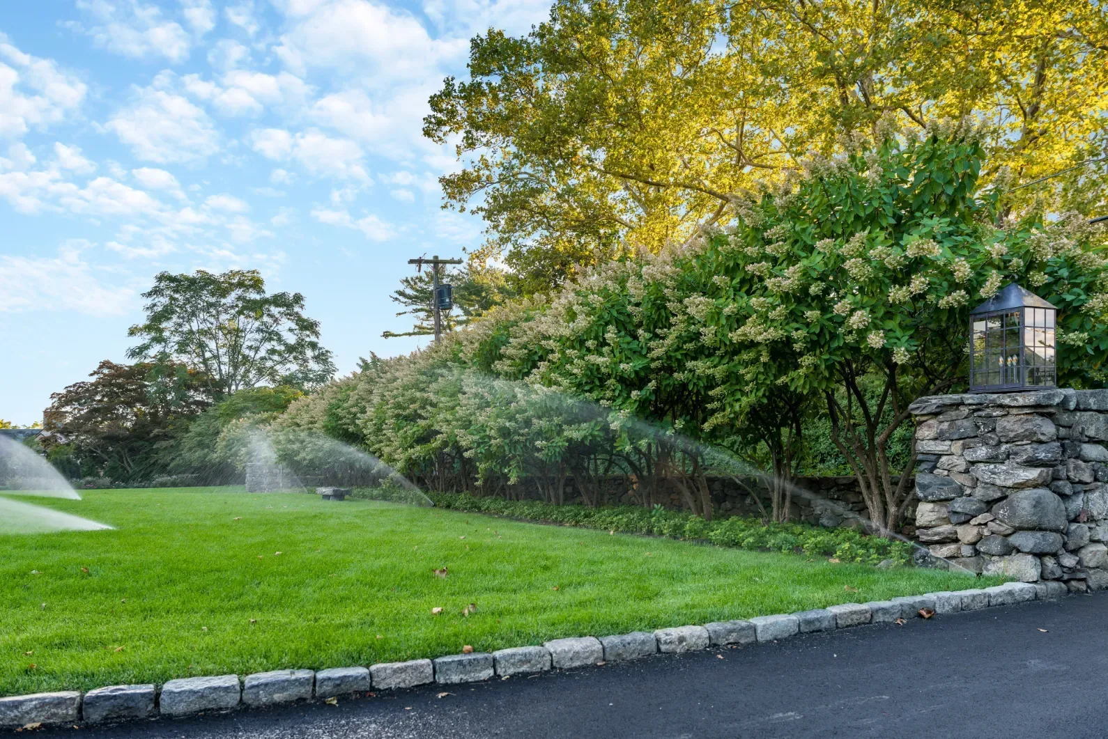 Sprinklers watering a lawn beneath flowering shrubs beside a stone pillar.