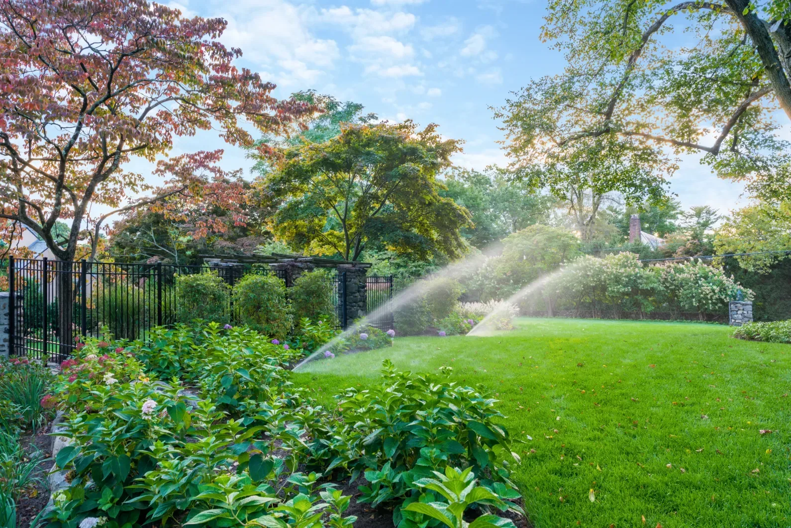 Sprinklers watering a garden lawn beneath autumn trees.