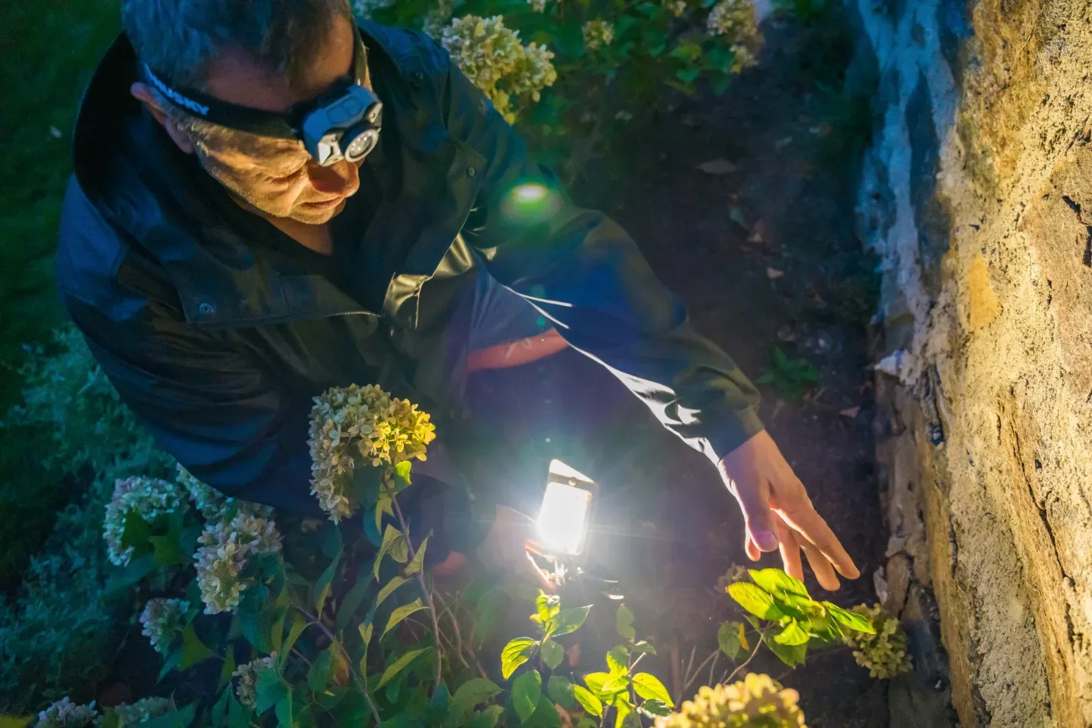 A worker tending a landscape light beside a stone wall after dark.