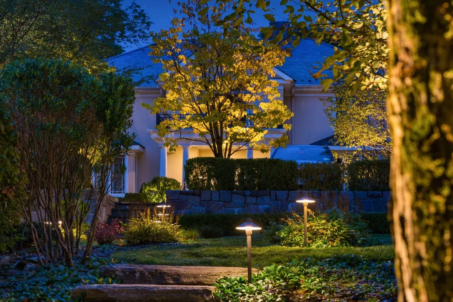 Small path light beside stone steps and an illuminated tree near a house.