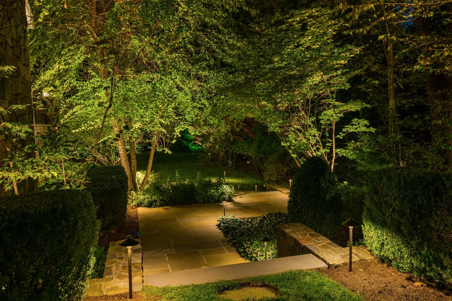 Illuminated stone walkway winding beneath trees and clipped garden hedges.