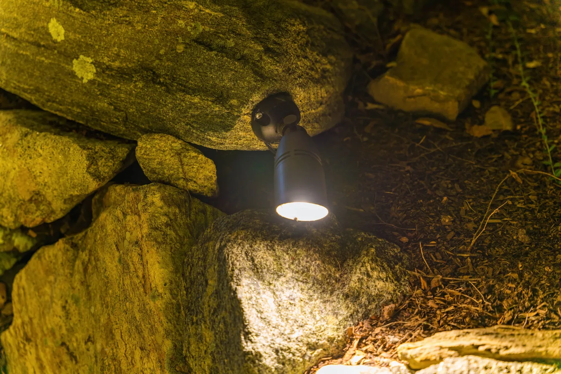 Small downlight mounted against a rock, illuminating the stone below.