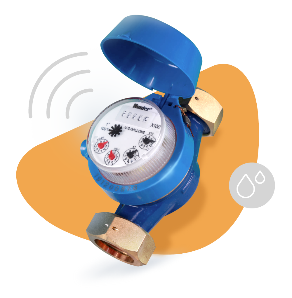 Original leak-detection illustration with a Hunter flow sensor and water-use alerts.