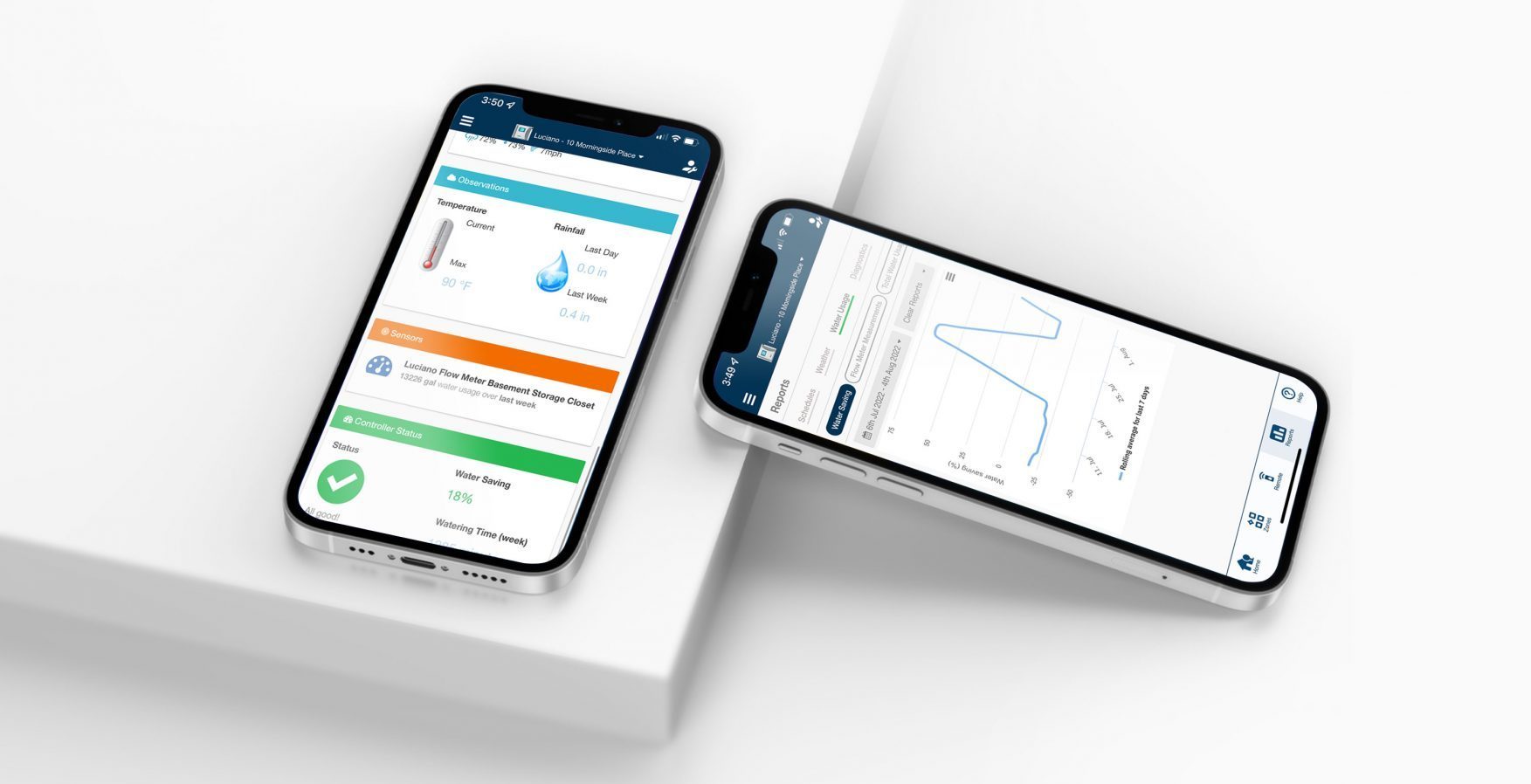 Two phones showing smart irrigation controls and watering information.